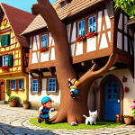 **Prompt:** A vibrant and heartwarming scene depicting Poli, Roy, Amber, and Helly working together to rescue a kitten stuck in a tree in a charming German village setting. The style should be reminiscent of modern 3D animation, bright colors, emphasis on teamwork and friendship. In the background, quaint half-timbered houses with flower boxes can be seen, creating a cozy and inviting atmosphere.