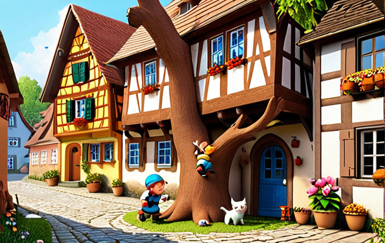**Prompt:** A vibrant and heartwarming scene depicting Poli, Roy, Amber, and Helly working together to rescue a kitten stuck in a tree in a charming German village setting. The style should be reminiscent of modern 3D animation, bright colors, emphasis on teamwork and friendship. In the background, quaint half-timbered houses with flower boxes can be seen, creating a cozy and inviting atmosphere.