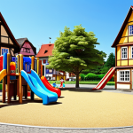 **

Prompt: Robocar Poli and his rescue team (Roy, Amber, Helly) helping children playing in a colorful German playground with classic German playground equipment like a wooden climbing frame and a slide. Sunny day. Background: picturesque German village with half-timbered houses (Fachwerkhäuser).

**