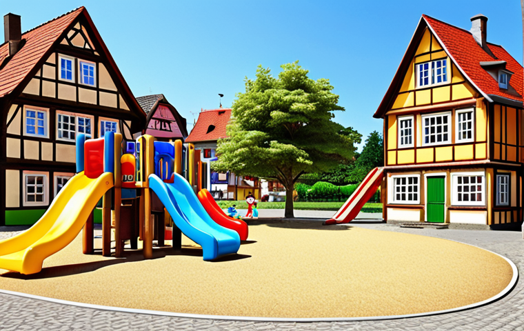 **
Prompt: Robocar Poli and his rescue team (Roy, Amber, Helly) helping children playing in a colorful German playground with classic German playground equipment like a wooden climbing frame and a slide. Sunny day. Background: picturesque German village with half-timbered houses (Fachwerkhäuser).
**