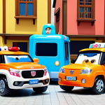 **

A diverse group of vehicles stands alongside the Robocar Poli rescue team (Poli, Roy, Amber, Helly) in Brooms Town. The new vehicles include a female rescue vehicle, possibly a quad bike or all-terrain vehicle, with bright colors and a friendly expression. Include a vehicle designed for underwater rescue operations, sleek and modern. The overall scene is bright and cheerful, emphasizing teamwork and diversity.

**