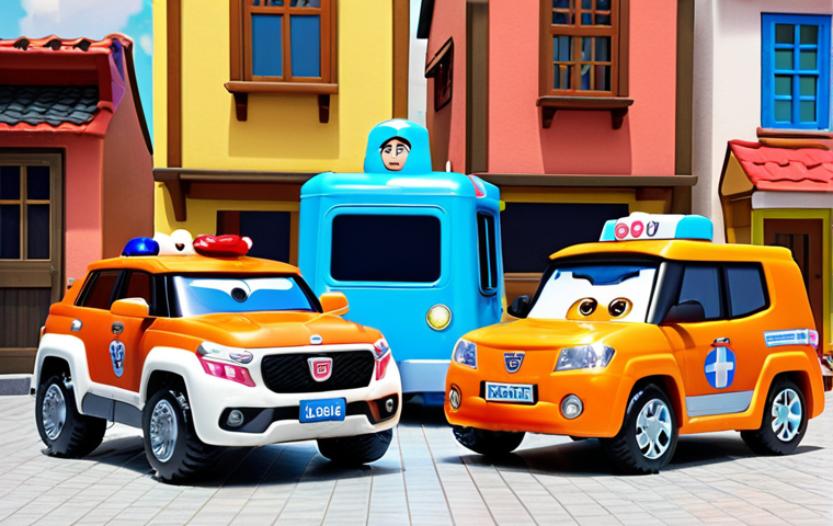 **
A diverse group of vehicles stands alongside the Robocar Poli rescue team (Poli, Roy, Amber, Helly) in Brooms Town. The new vehicles include a female rescue vehicle, possibly a quad bike or all-terrain vehicle, with bright colors and a friendly expression. Include a vehicle designed for underwater rescue operations, sleek and modern. The overall scene is bright and cheerful, emphasizing teamwork and diversity.
**