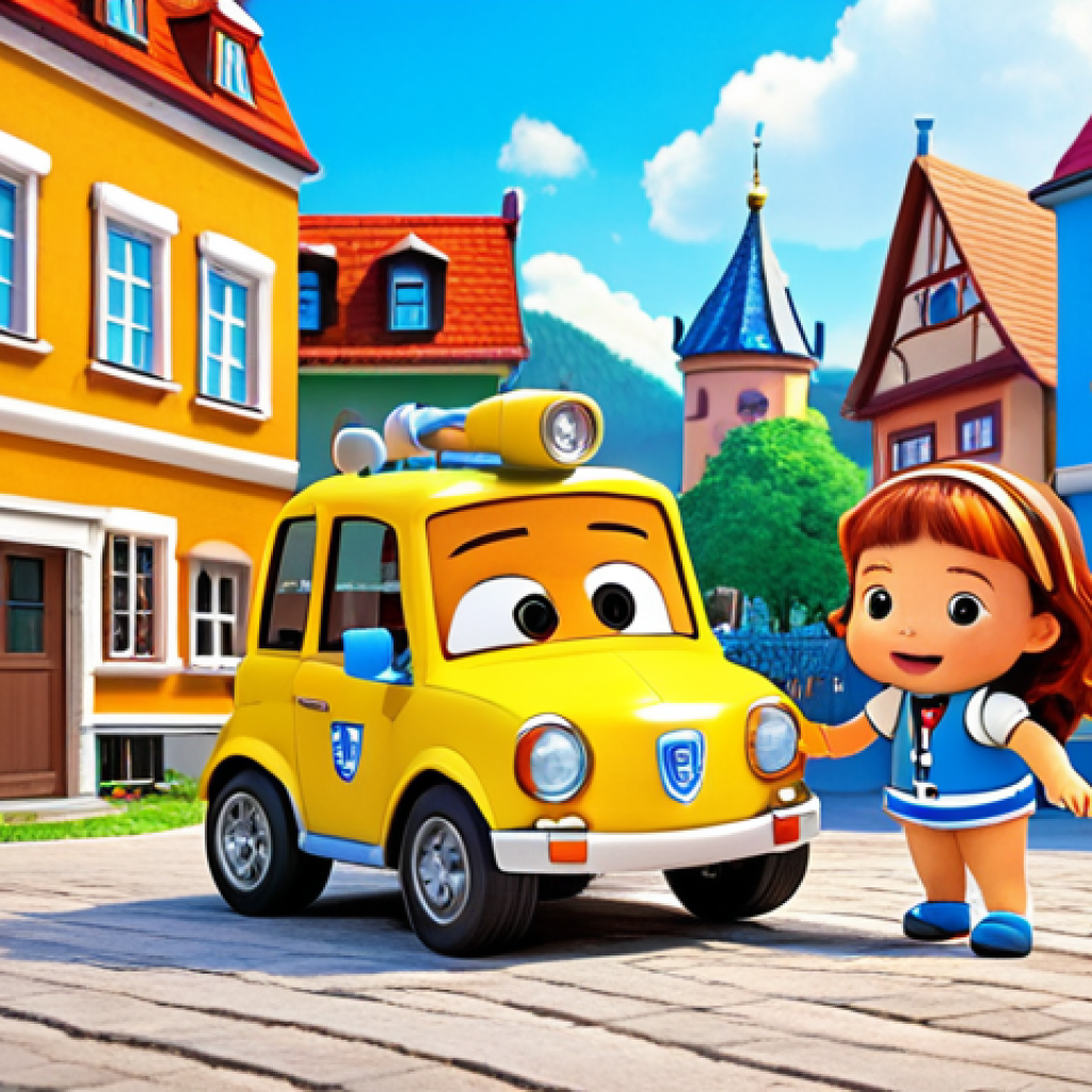 **

Prompt:  A vibrant scene with Robocar Poli (Poli, Amber, Roy, and Helly) in action, rescuing a small child in a playground. The background should feature a typical German cityscape with recognizable architecture. Bright colors, dynamic animation style, emphasizing teamwork and problem-solving.

**