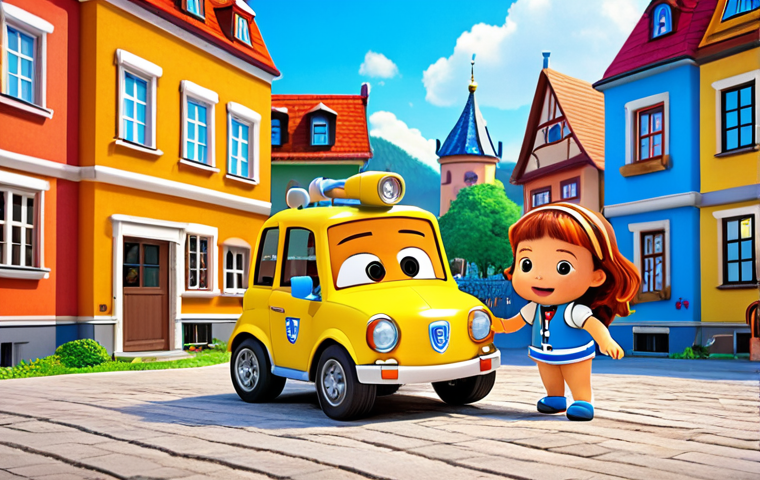 **
Prompt: A vibrant scene with Robocar Poli (Poli, Amber, Roy, and Helly) in action, rescuing a small child in a playground. The background should feature a typical German cityscape with recognizable architecture. Bright colors, dynamic animation style, emphasizing teamwork and problem-solving.
**