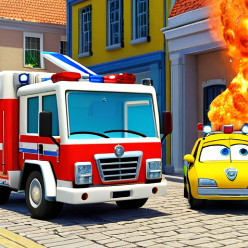 Home 22 **Image Prompt 1: The Heroic Rescue Team in Action**
A dynamic and vibrant scene in Brooms Town, showcasing the main rescue team from Robocar Poli: Poli the police car, Roy the fire truck, Amber the ambulance, and Helly the helicopter. They are united and actively engaged in a coordinated rescue mission, demonstrating their unique abilities and strong teamwork to solve a problem. The image should emphasize their helpfulness, courage, and the colorful, positive atmosphere of the series, with all four characters prominently displayed in action, embodying their roles as shining heroes.