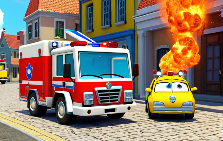 **Image Prompt 1: The Heroic Rescue Team in Action**
A dynamic and vibrant scene in Brooms Town, showcasing the main rescue team from Robocar Poli: Poli the police car, Roy the fire truck, Amber the ambulance, and Helly the helicopter. They are united and actively engaged in a coordinated rescue mission, demonstrating their unique abilities and strong teamwork to solve a problem. The image should emphasize their helpfulness, courage, and the colorful, positive atmosphere of the series, with all four characters prominently displayed in action, embodying their roles as shining heroes.