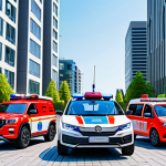 A team of four rescue robot vehicles, Poli (police car robot), Roy (fire truck robot), Amber (ambulance robot), and Helly (helicopter robot), in their transformed, upright robot forms, standing ready for action. They are metallic, well-maintained, and designed with child-friendly aesthetics, featuring their iconic bright colors. The scene takes place in a brightly lit, family-friendly urban environment within Brooms Town, with clean, modern buildings in the background. The focus is on their heroic and cooperative stance. Professional photography, high-quality rendering, vibrant colors, clear focus. Correct proportions, natural poses. Safe for work, appropriate content, fully clothed, family-friendly.