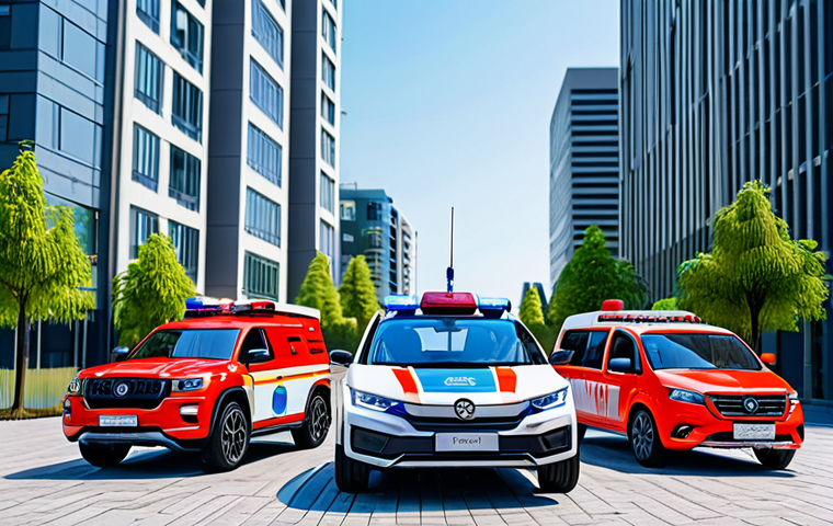 A team of four rescue robot vehicles, Poli (police car robot), Roy (fire truck robot), Amber (ambulance robot), and Helly (helicopter robot), in their transformed, upright robot forms, standing ready for action. They are metallic, well-maintained, and designed with child-friendly aesthetics, featuring their iconic bright colors. The scene takes place in a brightly lit, family-friendly urban environment within Brooms Town, with clean, modern buildings in the background. The focus is on their heroic and cooperative stance. Professional photography, high-quality rendering, vibrant colors, clear focus. Correct proportions, natural poses. Safe for work, appropriate content, fully clothed, family-friendly.