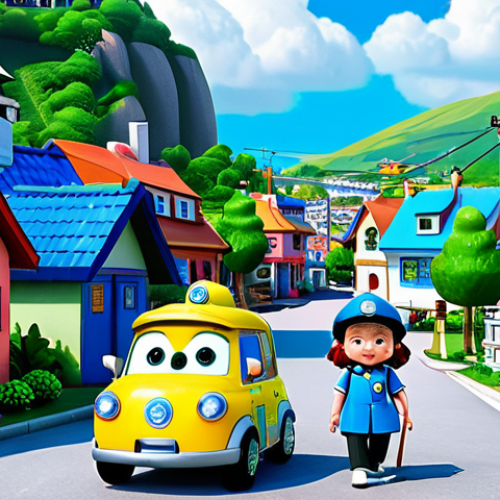 Home 25 Character Design & Brooms Town Scene**
"A bright and cheerful image showcasing the Robocar Poli team (Poli, Roy, Amber, Helly) in a stylized animation style, fully clothed in their respective rescue uniforms, appropriate content. In the background, a glimpse of Brooms Town, the colorful village where they live, featuring a harbor and rolling hills, safe for work. Emphasis on the vibrant colors and friendly character designs, perfect anatomy, natural proportions. Professional, family-friendly."
**
