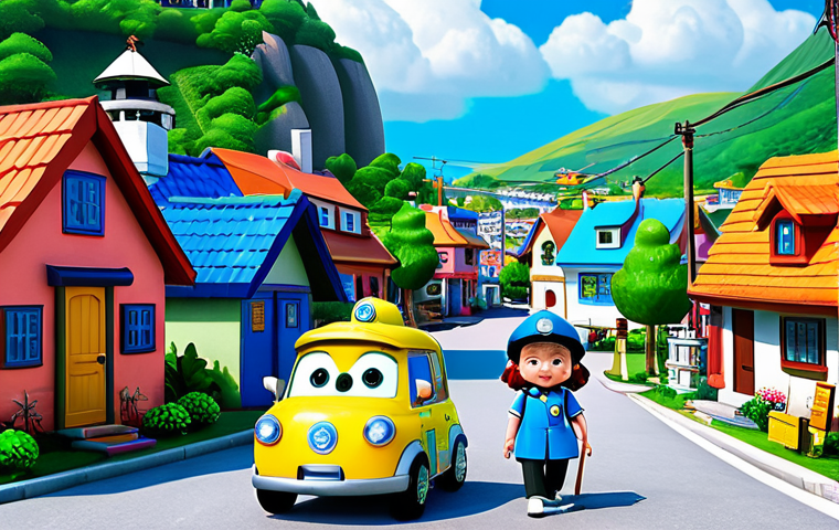 Character Design & Brooms Town Scene**
"A bright and cheerful image showcasing the Robocar Poli team (Poli, Roy, Amber, Helly) in a stylized animation style, fully clothed in their respective rescue uniforms, appropriate content. In the background, a glimpse of Brooms Town, the colorful village where they live, featuring a harbor and rolling hills, safe for work. Emphasis on the vibrant colors and friendly character designs, perfect anatomy, natural proportions. Professional, family-friendly."
**