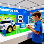 Poli's Headquarters**

"Children interacting with an interactive Robocar Poli headquarters exhibit, featuring a mini control center with buttons and screens. Kids are smiling and engaged, fully clothed in casual, colorful clothing. The background shows a brightly lit, playful exhibit hall designed to resemble Broomstown. Safe for work, appropriate content, fully clothed, professional photography, perfect anatomy, natural proportions, family-friendly."

**
