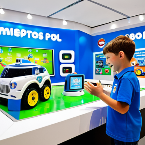 Home 24 Poli's Headquarters**
"Children interacting with an interactive Robocar Poli headquarters exhibit, featuring a mini control center with buttons and screens. Kids are smiling and engaged, fully clothed in casual, colorful clothing. The background shows a brightly lit, playful exhibit hall designed to resemble Broomstown. Safe for work, appropriate content, fully clothed, professional photography, perfect anatomy, natural proportions, family-friendly."
**