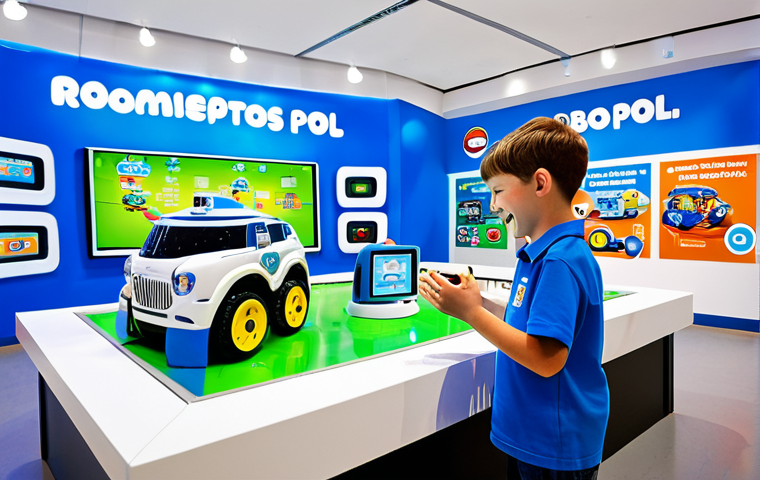 Poli's Headquarters**
"Children interacting with an interactive Robocar Poli headquarters exhibit, featuring a mini control center with buttons and screens. Kids are smiling and engaged, fully clothed in casual, colorful clothing. The background shows a brightly lit, playful exhibit hall designed to resemble Broomstown. Safe for work, appropriate content, fully clothed, professional photography, perfect anatomy, natural proportions, family-friendly."
**