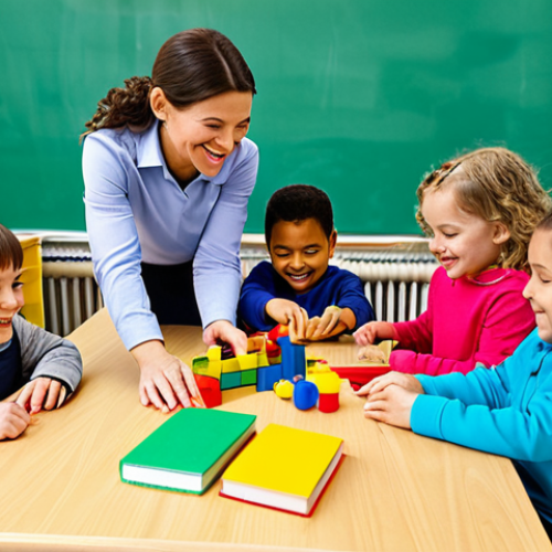 Home 23 **
A group of diverse, fully clothed children (ages 5-7) playing safely in a colorful kindergarten classroom. The room is filled with educational toys and art supplies. The children are smiling and engaging in collaborative activities like building blocks and drawing. Appropriate content, safe for work, professional photography, perfect anatomy, natural proportions, family-friendly.
**