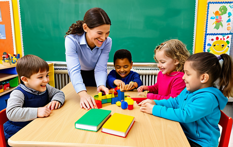 **
A group of diverse, fully clothed children (ages 5-7) playing safely in a colorful kindergarten classroom. The room is filled with educational toys and art supplies. The children are smiling and engaging in collaborative activities like building blocks and drawing. Appropriate content, safe for work, professional photography, perfect anatomy, natural proportions, family-friendly.
**