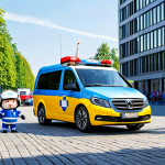 Robocar Poli in Rescue Mission**

"Robocar Poli team (Poli, Amber, Roy, Helly) responding to a call in a bustling, modern German city square, showcasing emergency vehicles with flashing lights, fully clothed rescue team members assisting a child with a minor injury, appropriate content, safe for work, family-friendly, perfect anatomy, natural pose, professional illustration style, sunny day in Munich."

**