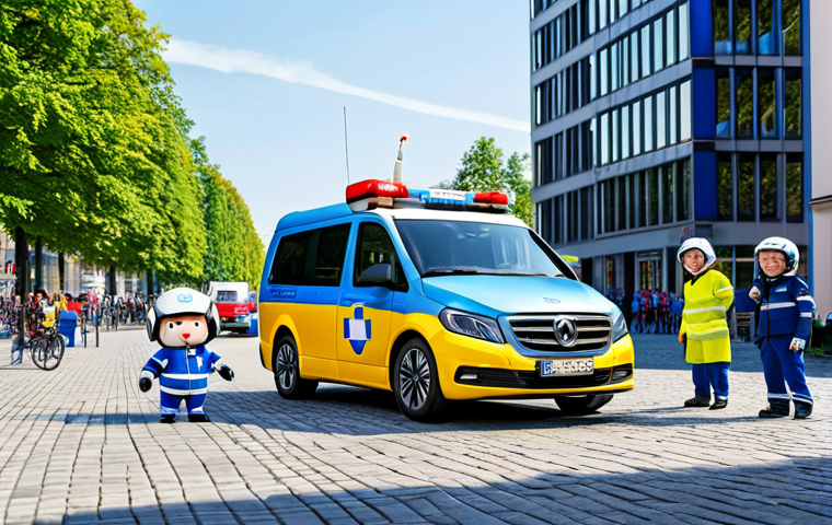 Robocar Poli in Rescue Mission**

"Robocar Poli team (Poli, Amber, Roy, Helly) responding to a call in a bustling, modern German city square, showcasing emergency vehicles with flashing lights, fully clothed rescue team members assisting a child with a minor injury, appropriate content, safe for work, family-friendly, perfect anatomy, natural pose, professional illustration style, sunny day in Munich."

**