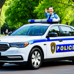 로보카폴리 컬러링북 - "Poli, the blue and white police car, smiling and waving to children in a park filled with families,...