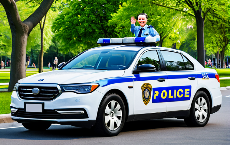 로보카폴리 컬러링북 - "Poli, the blue and white police car, smiling and waving to children in a park filled with families,...
