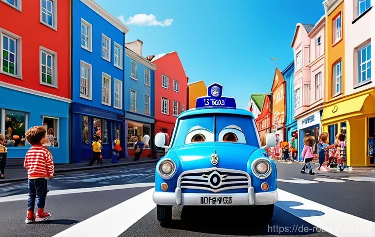 로보카폴리 초기 스케치 - **Prompt 1: Poli, the Brave Leader in Broomstown**
"An animated, vibrant, and friendly scene fea...