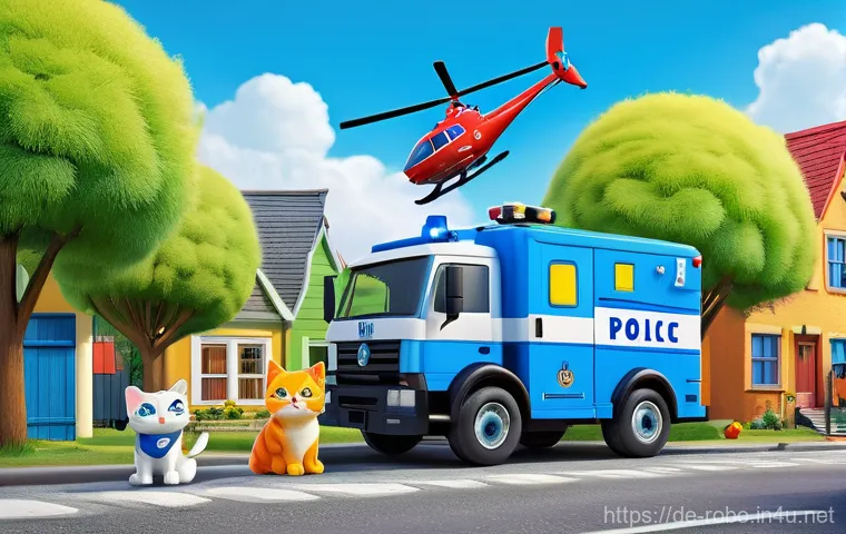 로보카폴리와 어린이 성장 과정 - **Prompt 1: Heroic Rescue in Brooms Town**
An animated, highly detailed 3D illustration in a vib...