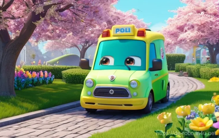 로보카폴리와 어린이 성장 과정 - **Prompt 1: Heroic Rescue in Brooms Town**
    An animated, highly detailed 3D illustration in a vib...