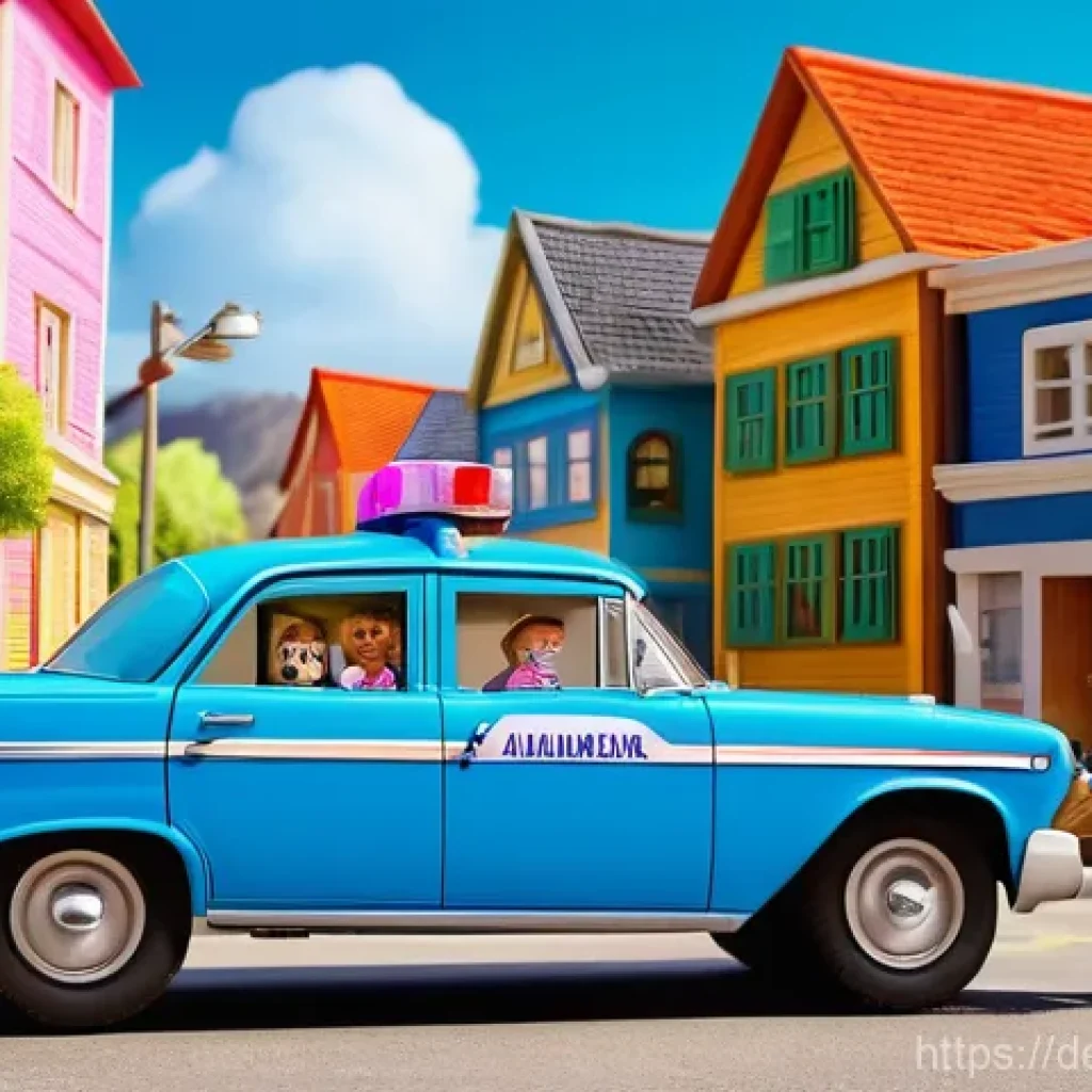 로보카폴리 유아 교육 콘텐츠 - **Prompt:** A vibrant, action-packed scene in Brooms Town. Poli, the blue police car, is bravely lea...