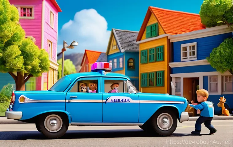로보카폴리 유아 교육 콘텐츠 - **Prompt:** A vibrant, action-packed scene in Brooms Town. Poli, the blue police car, is bravely lea...