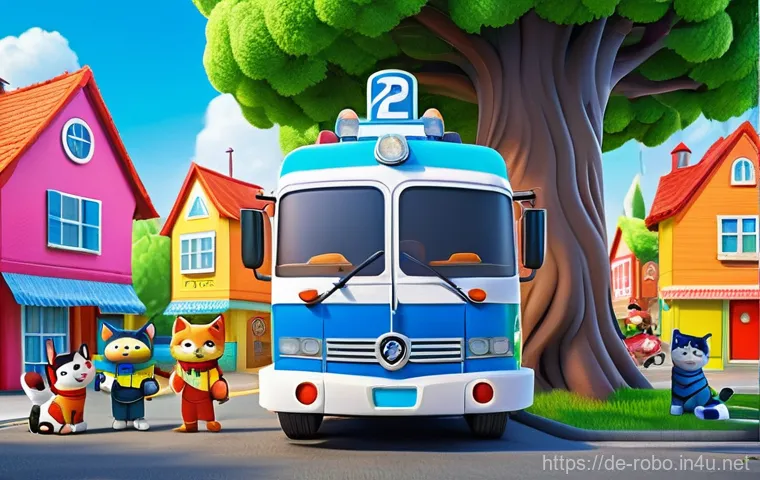 로보카폴리와 글로벌 문화 교류 - **Prompt:** A vibrant, cheerful 3D animated scene set in the sunny Brooms Town. Robocar Poli, the bl...