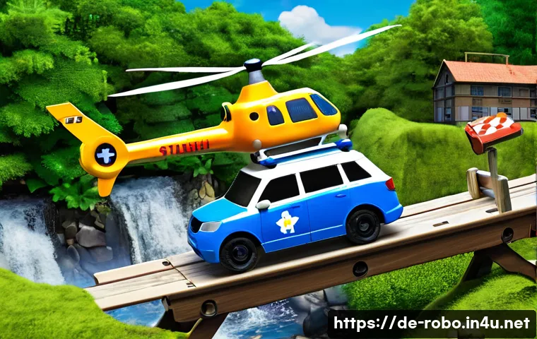 로보카폴리 캐릭터의 매력 - **Prompt: Teamwork in Action - The Bridge Rescue**
    A dynamic and illustrative scene featuring th...