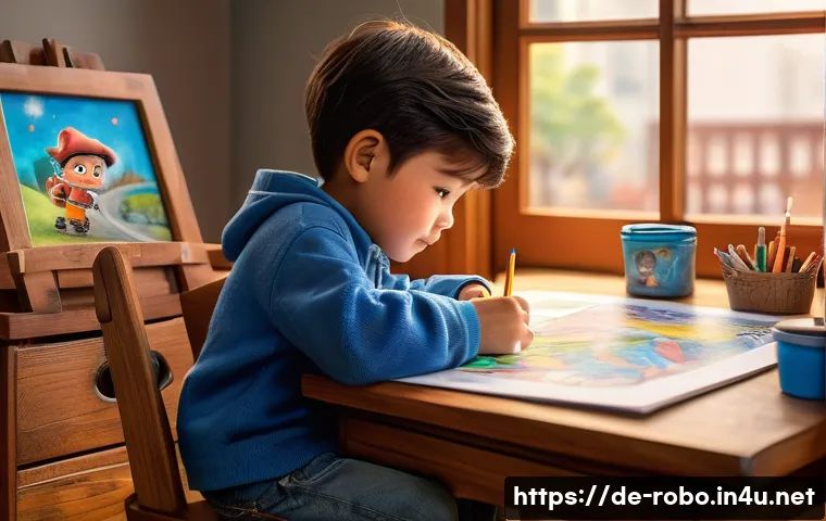 로보카폴리 팬 아트 콘테스트 - A cozy, warm traditional drawing scene featuring a child artist sitting at a wooden desk with high-q...