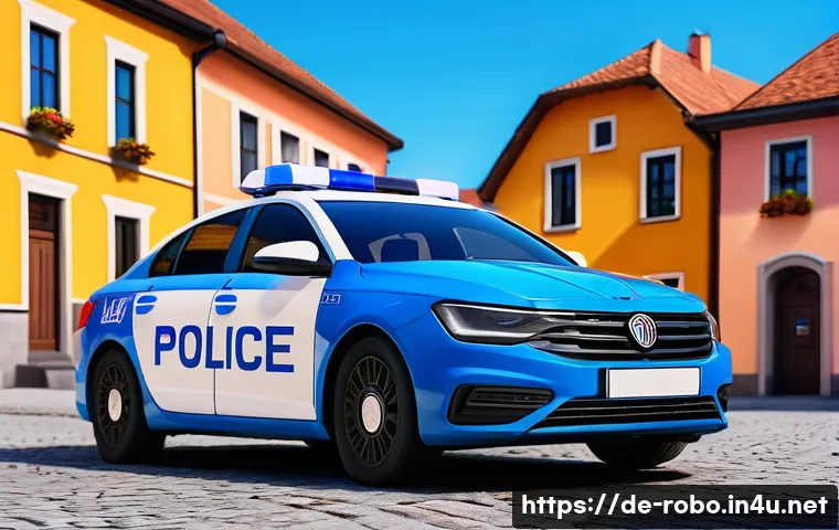 로보카폴리 캐릭터 분석 - A vibrant and detailed scene of a cheerful police car character named Poli, designed with bright blu...