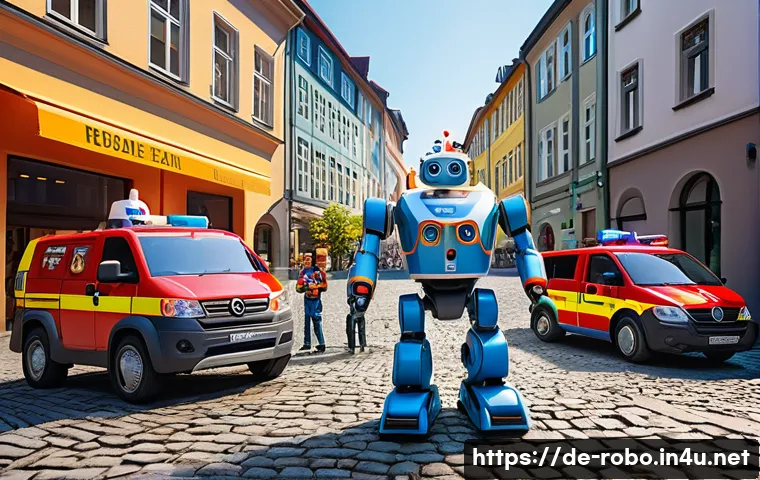 로보카폴리의 대표적인 캐릭터 - A vibrant and detailed scene of five colorful rescue vehicles transformed into friendly robots stand...