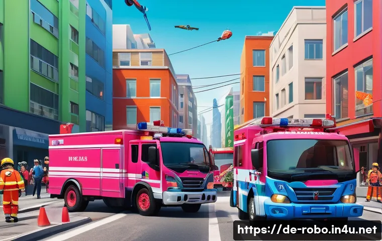 로보카폴리의 명장면 모음 - A vibrant and detailed scene showing four colorful rescue vehicles working together in a dynamic urb...