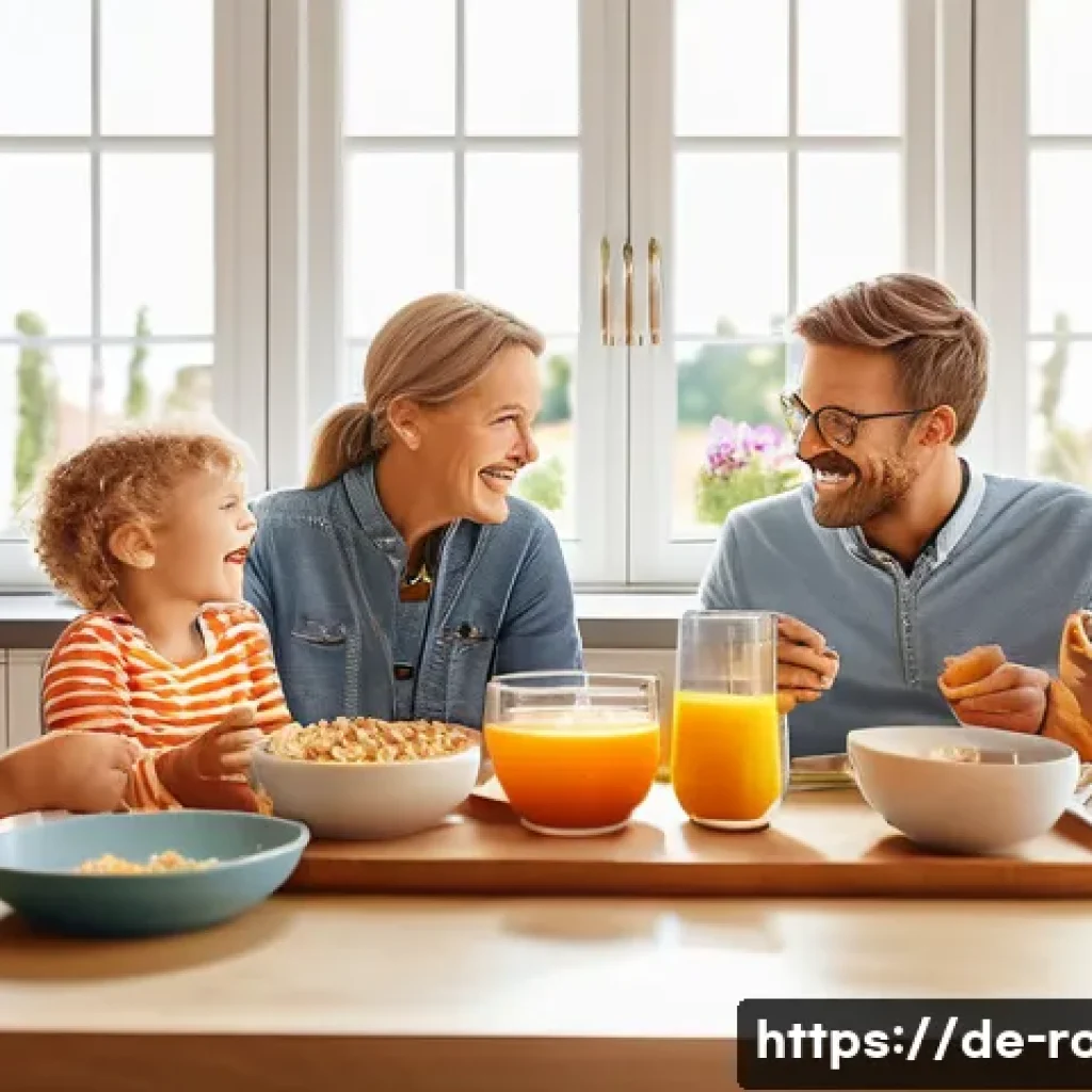 로보카폴리와 유행어 - A warm, cozy family breakfast scene in a modern German kitchen, featuring parents and two young chil...