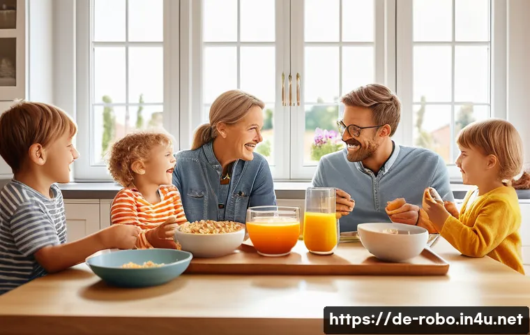 로보카폴리와 유행어 - A warm, cozy family breakfast scene in a modern German kitchen, featuring parents and two young chil...