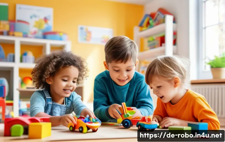 로보카폴리와 창의적 놀이 - A lively scene of young children playing with colorful small rescue vehicle toys in a bright, cozy p...