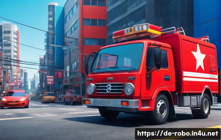 로보카폴리 연출 기법 - A vibrant animated scene featuring a red-colored rescue vehicle character symbolizing energy and cou...