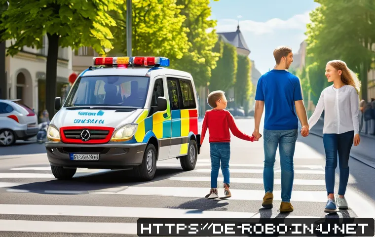 로보카폴리 애니메이션 리뷰 - A vibrant, colorful street scene featuring child-friendly anthropomorphic emergency vehicles resembl...