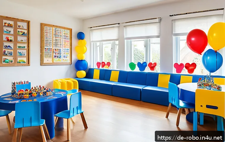 로보카폴리 키즈파티 - A vibrant children’s birthday party scene featuring a colorful Robocar Poli-themed decoration setup ...