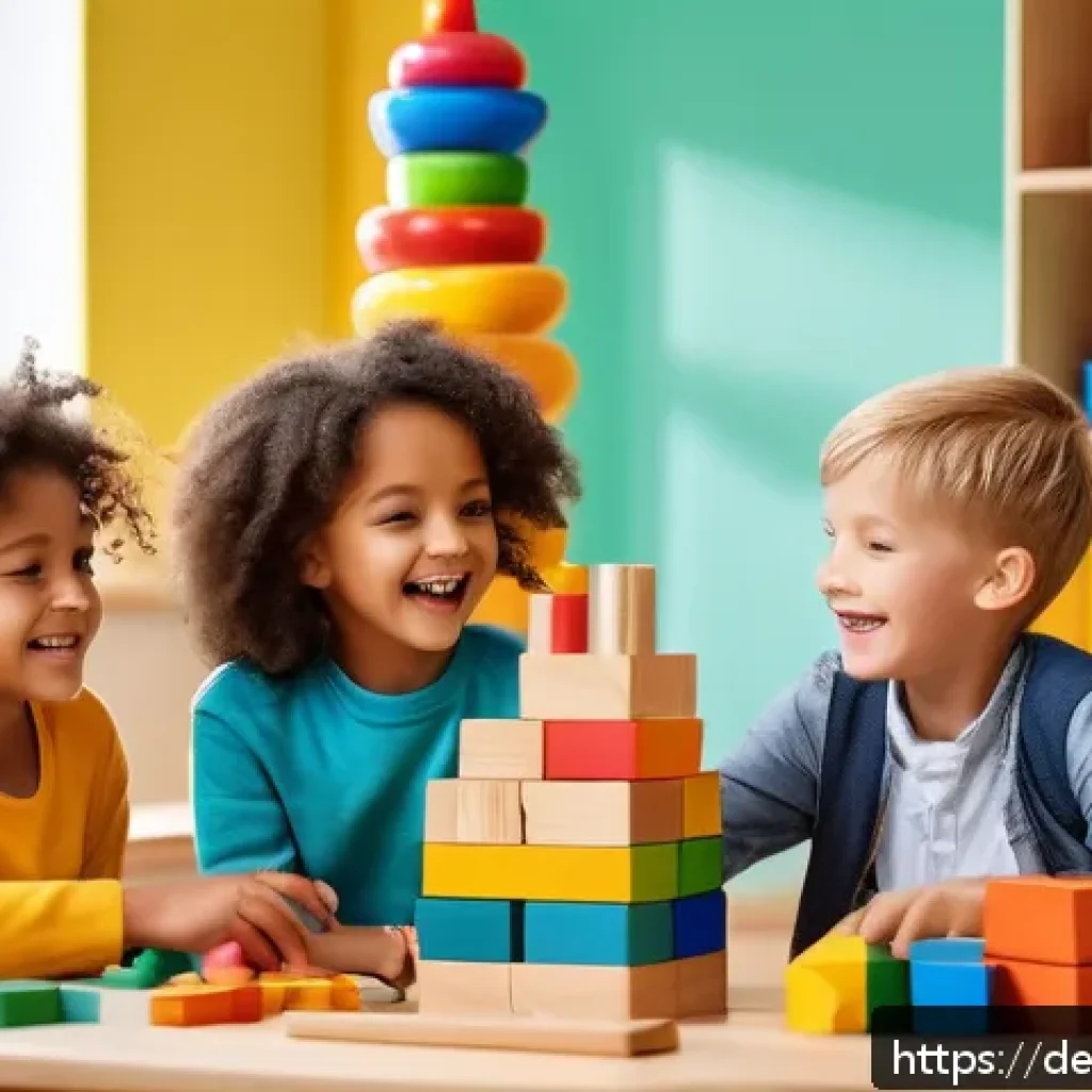 로보카폴리 명언 - A vibrant kindergarten scene featuring diverse children aged around 5-7 years working together to bu...