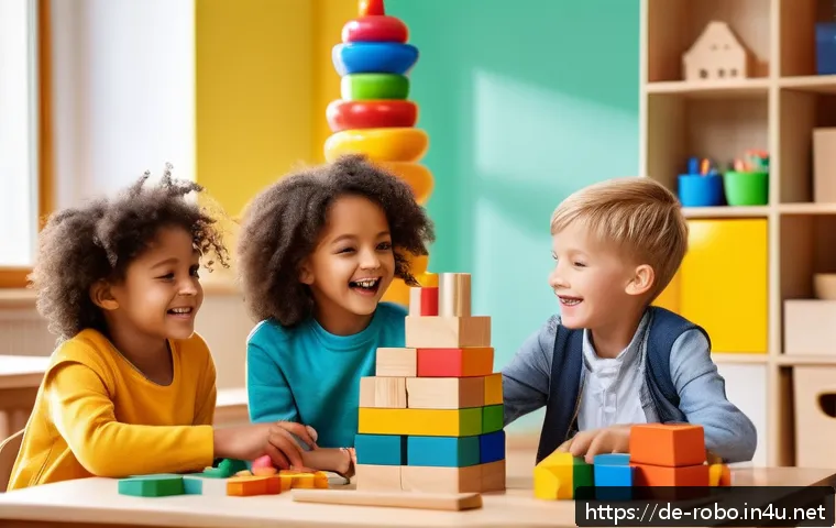 로보카폴리 명언 - A vibrant kindergarten scene featuring diverse children aged around 5-7 years working together to bu...