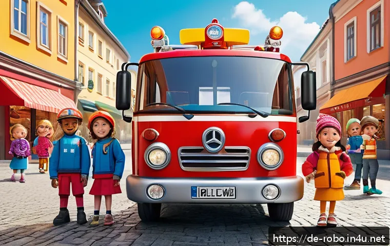 로보카폴리의 독특한 설정 - A vibrant and colorful scene featuring a group of anthropomorphic rescue vehicles designed as friend...