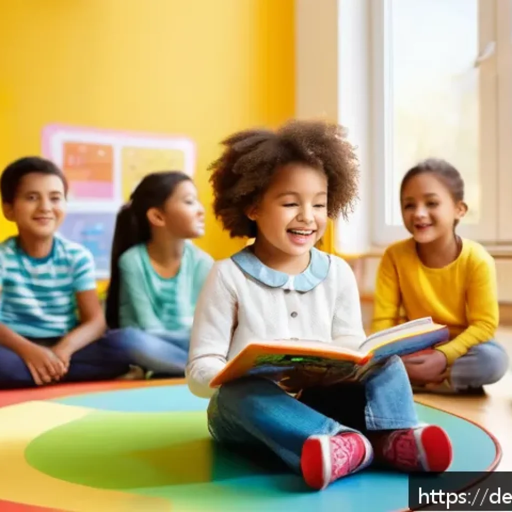 로보카폴리와 캐릭터 성장 - A warm and colorful kindergarten classroom scene showing diverse young children sitting in a circle,...