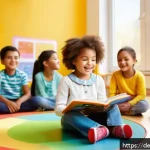 Home 21 로보카폴리와 캐릭터 성장 - A warm and colorful kindergarten classroom scene showing diverse young children sitting in a circle,...