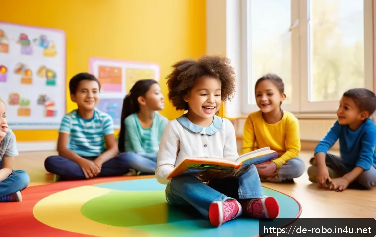 로보카폴리와 캐릭터 성장 - A warm and colorful kindergarten classroom scene showing diverse young children sitting in a circle,...