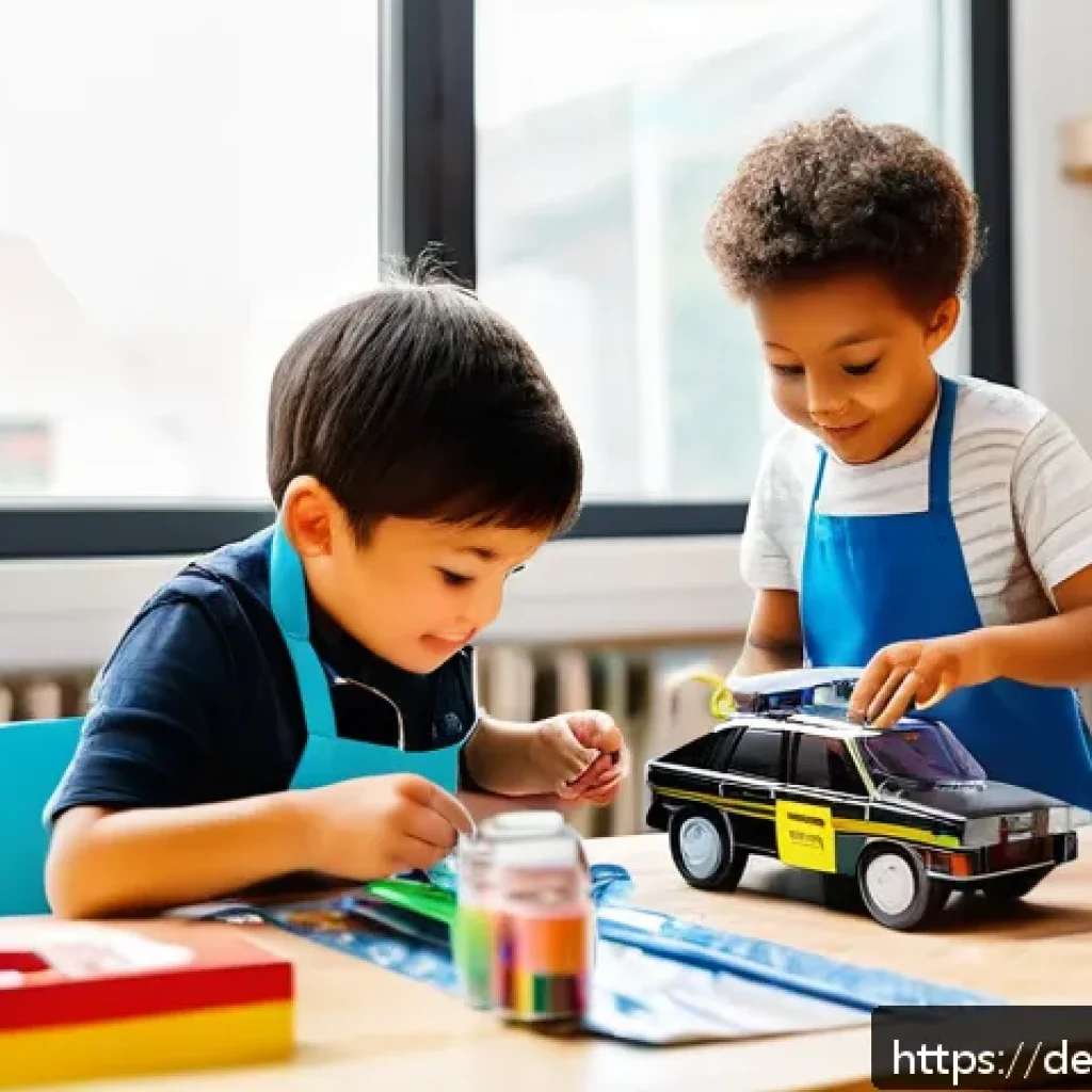 로보카폴리 팬 만들기 - A cozy craft room scene showing children happily building DIY Robocar vehicles using household mater...