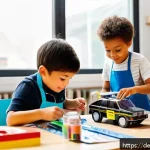 Home 18 로보카폴리 팬 만들기 - A cozy craft room scene showing children happily building DIY Robocar vehicles using household mater...