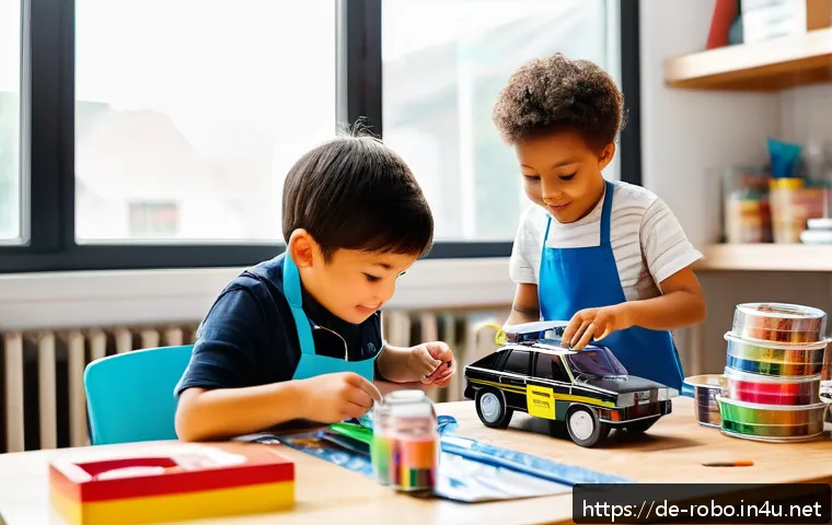 로보카폴리 팬 만들기 - A cozy craft room scene showing children happily building DIY Robocar vehicles using household mater...