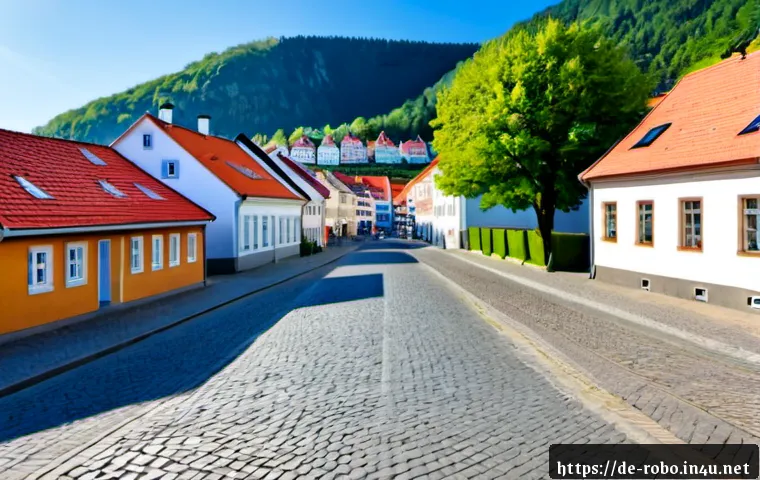Home 17 로보카폴리 브룸스타운 배경 - Photorealistic sunny German-style coastal town street, colorful low-rise buildings with red tile roo...